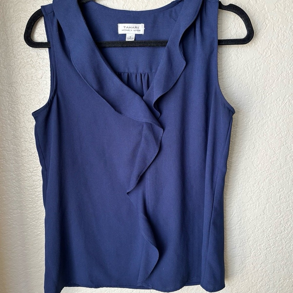 Tahari Navy Blue Sleeveless Collared Blouse Top